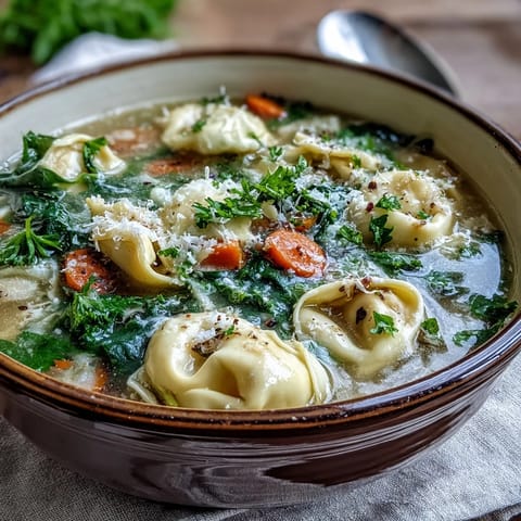 Hearty Easy Tortellini Soup With Chicken Broth in a rustic mug, steaming beside crusty bread for dipping, spinach leaves adding fresh green specks.  