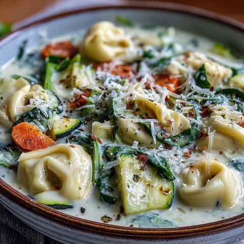 Close-up view of Creamy Vegetable Tortellini Soup served in a rustic bowl, garnished with fresh basil and Parmesan cheese.