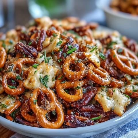 Freshly baked Everything Ranch Cheese and Pretzel Snack Mix cools on a wire rack, showcasing crunchy pretzels, cashews, and cheddar crackers.