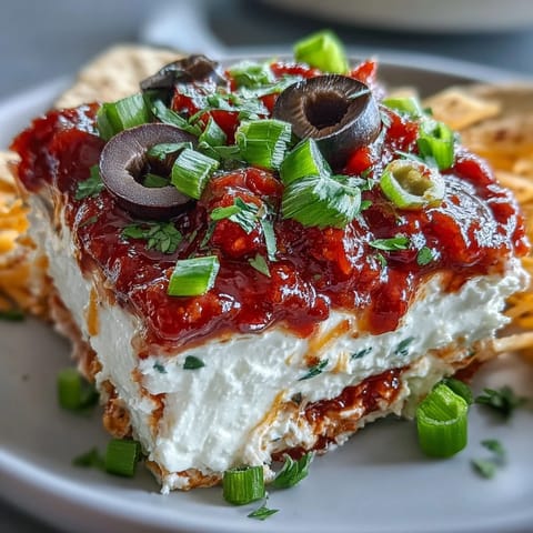 Creamy 4-Way Layered Dip with refried beans and sour cream, topped with chopped tomatoes, green onions, and black olives.