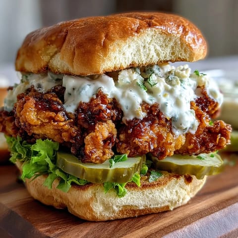A juicy Spicy Chicken Sandwich with creamy homemade sauce stacked high on a buttery brioche bun.