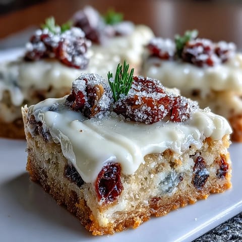 Frosted Cranberry Bliss Bars sprinkled with tart dried cranberries, ready for holiday dessert platters.