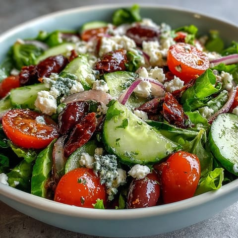 Freshly tossed Mediterranean Green Salad Bowl with cherry tomatoes, cucumber, Kalamata olives, and crumbled feta cheese on a rustic wooden table.