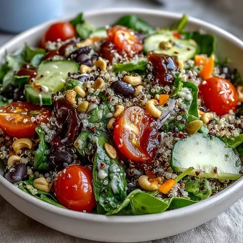 Rainbow Salad Bowl topped with chopped cashews and fresh parsley, served on a wooden table for lunch.