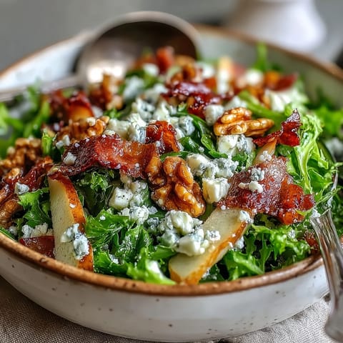 Crispy prosciutto adds salty crunch to the Frisée Pear Blue Cheese Bowl, drizzled with zesty vinaigrette.