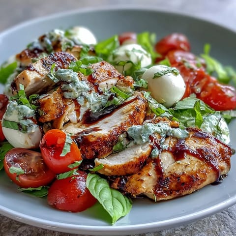 Sliced grilled Caprese Chicken Bowl with mozzarella, tomatoes, basil, and balsamic reduction over fresh arugula.