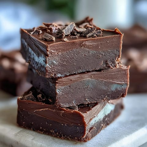 Close-up shot of finished Hojicha Fudge squares cut and arranged on a wooden board, highlighting the chocolatey texture.
