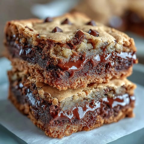 Freshly baked Hojicha Brookies cut into squares, revealing a fudgy brownie base and a crisp, chocolate chip cookie topping dusted with toasty matcha.