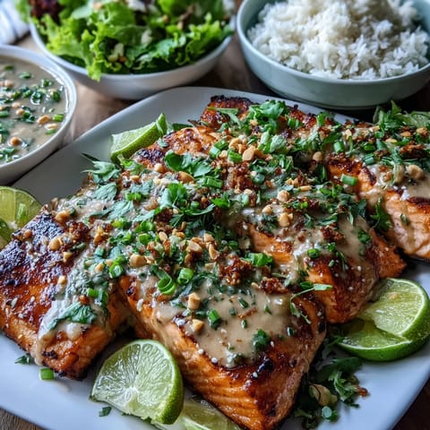 Plated Bang Bang Salmon, garnished with green onions and lime wedges, ready for a quick, flavorful dinner. 