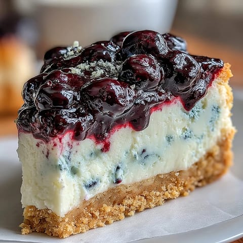 Slices of layered Lemon Blueberry Shortbread Mousse Cake served on white plates, highlighting the fluffy texture and rich blueberry topping.