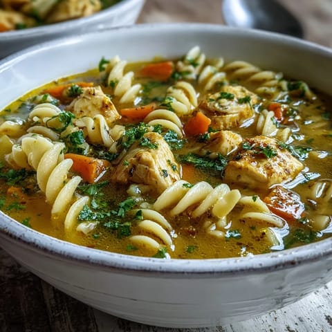Steaming bowl of Ginger Turmeric Chicken Soup served with egg noodles, ready to enjoy on a cozy weeknight dinner.