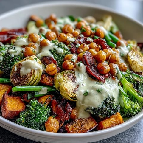 A healthy plant-based bowl with golden sweet potatoes, broccoli, and Brussels sprouts topped with creamy tahini dressing