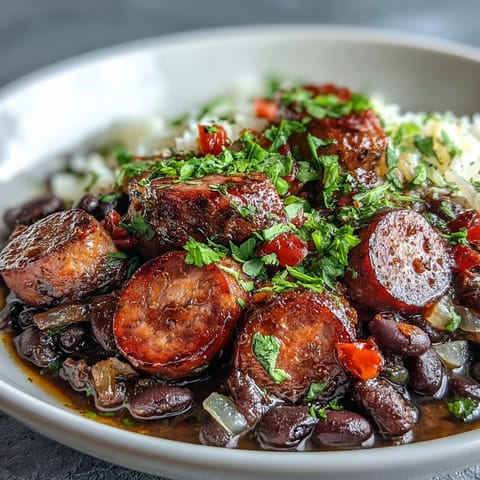 Fluffy white rice and tender black beans simmer in a rich tomato sauce in this finished Black Beans, Sausage, and Rice Skillet.