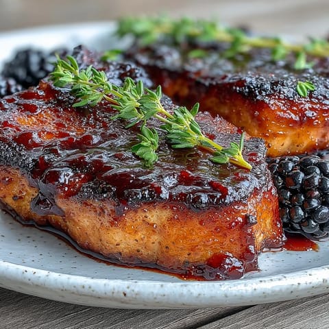 A close-up of pan-seared Bourbon Blackberry Pork Chops, showing juicy, golden-brown edges and a rich bourbon blackberry glaze drizzled on top.