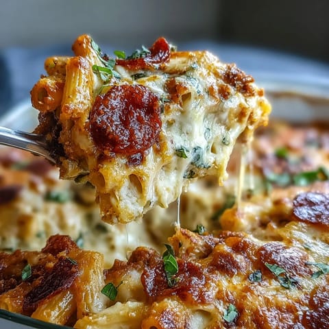 A spoon serves a hearty scoop of High-Protein Pizza Pasta Bake revealing creamy sauce, lean beef, and penne pasta.