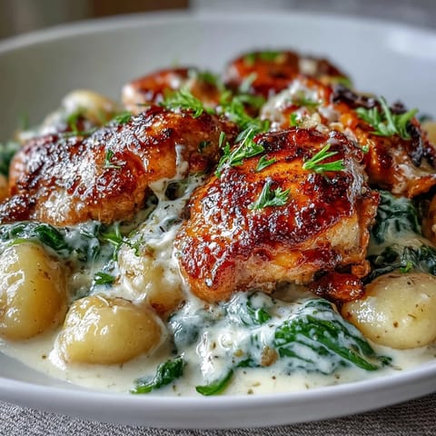 A close-up of One-Pan Creamy Garlic Chicken Gnocchi featuring golden chicken thighs and pillowy dumplings in a rich, creamy sauce with wilted spinach.
