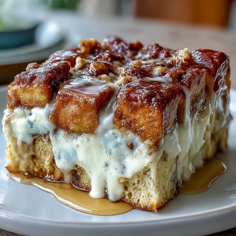 Golden-brown Cream Cheese Swirl Cinnamon Roll French Toast Bake fresh from the oven, dusted with powdered sugar.