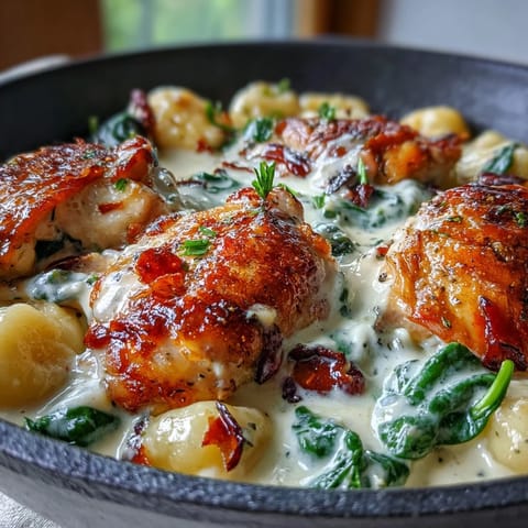 Buttery One-Pan Creamy Garlic Chicken Gnocchi is spooned from a cast-iron skillet, steam rising, with extra Parmesan and red pepper flakes on top.
