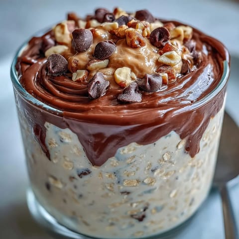 Creamy Peanut Butter Cup Overnight Oats layered with rich cocoa ganache, ready to eat chilled from the jar.