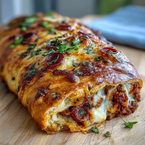 Golden-brown Baked High-Protein Pepperoni Stromboli is sliced open to reveal its savory pepperoni and gooey mozzarella filling on a rustic wooden board.