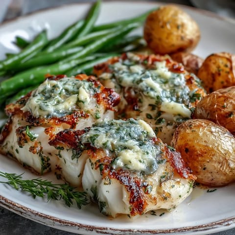 Succulent Garlic Herb Butter Cod is baked to flaky perfection with vibrant green beans and buttery baby potatoes, ready for a wholesome weeknight meal.