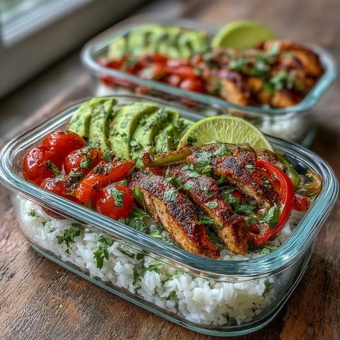 Brightly colored meal prep bowls of Skinny Chicken Fajita with fluffy cilantro-lime rice, topped with cherry tomatoes and sliced avocado.