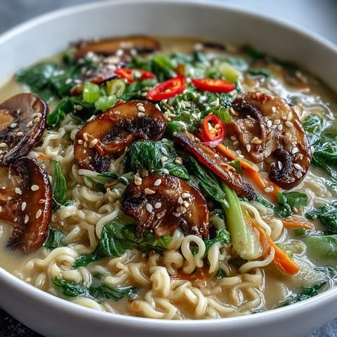 Warm Vegan Coconut Curry Ramen with Bok Choy and Mushrooms pairs tender greens and umami mushrooms for a comforting, flavor-packed dinner.