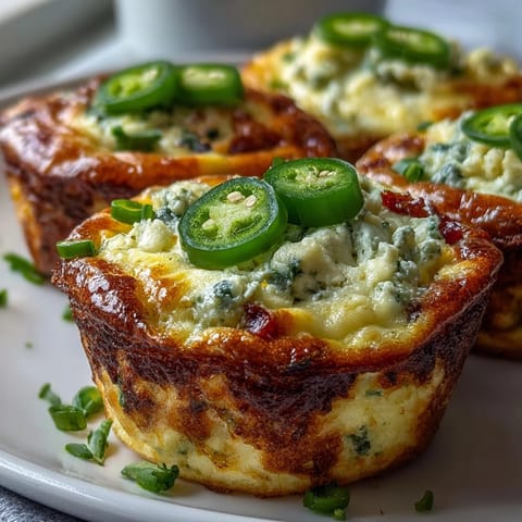 Golden Keto Jalapeño Cheddar Egg Cups sit in a muffin tin, packed with fluffy eggs, melted sharp cheddar, and specks of green jalapeño for a spicy kick.  