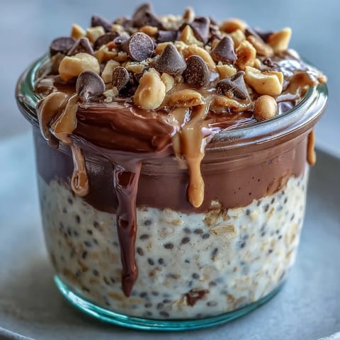 Creamy Peanut Butter Cup Overnight Oats topped with chopped peanuts and a drizzle of peanut butter on a rustic table.
