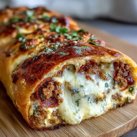 Freshly baked Baked High-Protein Pepperoni Stromboli golden brown and sliced, revealing layers of beef, pepperoni, and melted mozzarella.