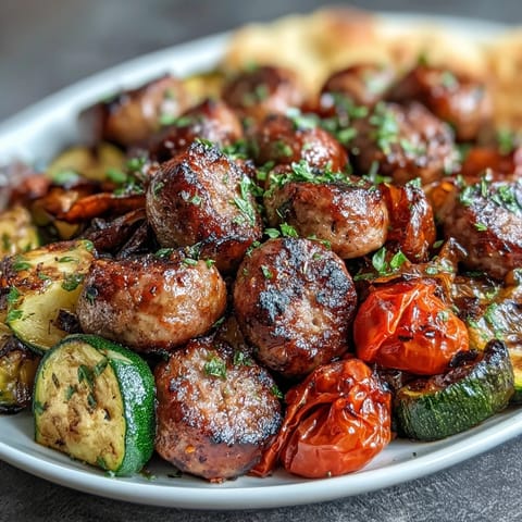 Smoky sheet pan sausage and veggies with warm garlic naan, roasted to golden perfection.  