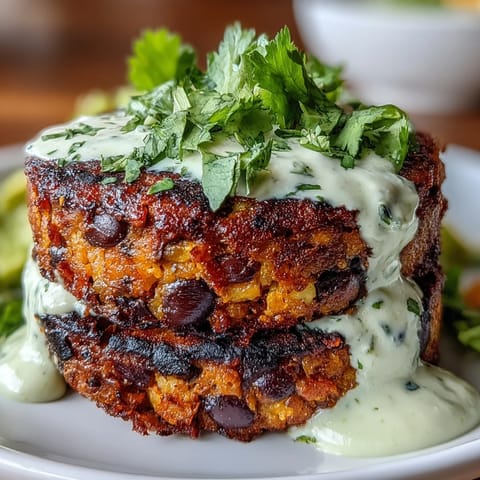 A hearty vegan burger made with roasted sweet potatoes and black beans, topped with creamy avocado lime sauce. Served on a toasted bun with fresh vegetables.