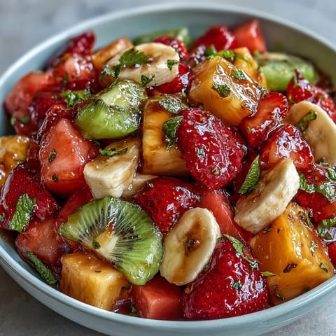 Vibrant tropical fruit salad with juicy watermelon, kiwi, and strawberries, drizzled with zesty mint lime dressing.