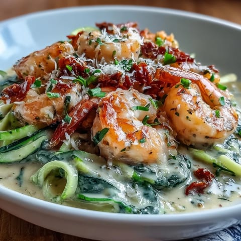 Low-carb Italian dinner featuring succulent shrimp in garlicky cream sauce over fresh spiralized zucchini noodles.  