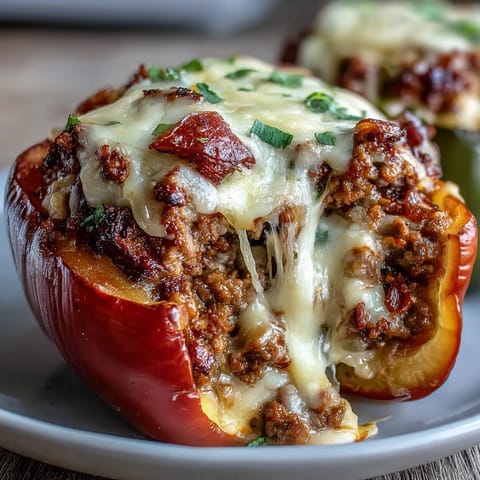 Keto taco stuffed bell peppers with melted cheddar, showcasing vibrant peppers filled with savory ground beef and topped with golden cheese.