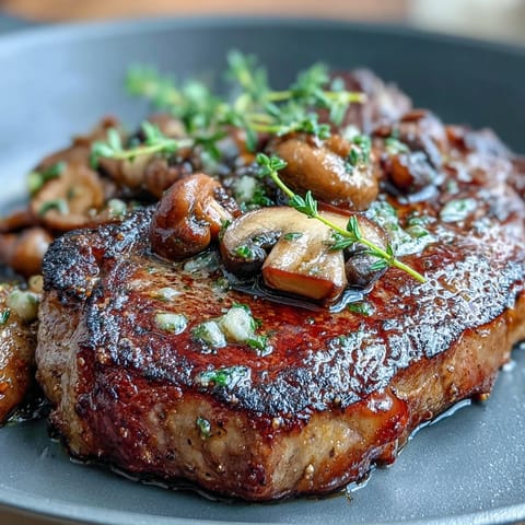 Juicy ribeye steak seared to perfection and topped with a rich wild mushroom and garlic butter crust for bold, savory flavor.