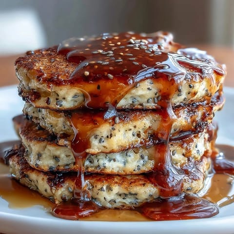 Golden brown pancakes swirled with rich black sesame paste, served warm with fresh berries and whipped cream.  