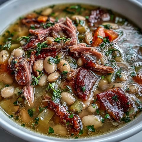 A steaming bowl of ham and navy bean soup with fresh thyme, tender beans and savory ham in rich broth.