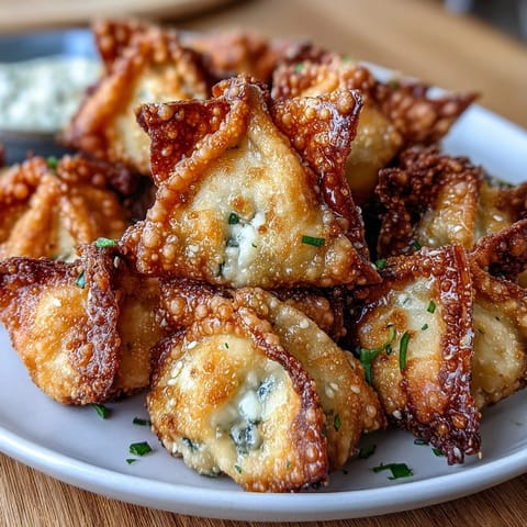 Asian-style air-fried wontons with savory cream cheese and spring onion filling, served hot and golden.  