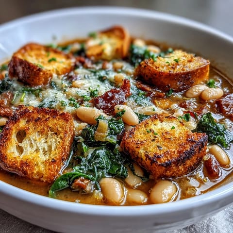 Hearty Tuscan ribollita soup with white beans, vegetables, and kale, topped with golden sourdough croutons.  