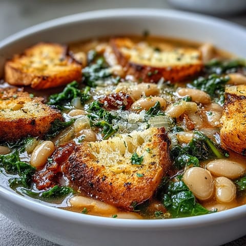 A rustic Italian ribollita featuring tender white beans, leafy kale, and crunchy sourdough croutons in a rich broth.  
