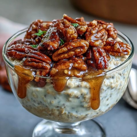 A jar of creamy overnight oats layered with crunchy candied pecans and a generous drizzle of maple syrup.