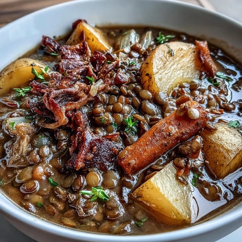 Rich, hearty ham bone and lentil soup featuring carrots, parsnips, and potatoes in a savory broth, garnished with fresh parsley.  