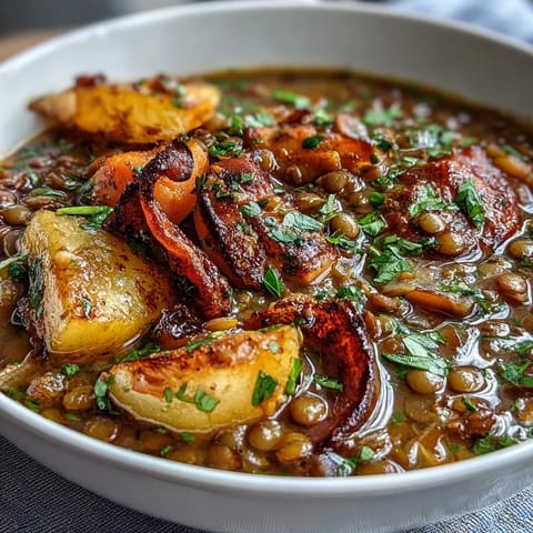 A steaming bowl of ham bone and lentil soup with tender root vegetables and fragrant herbs, perfect for a cozy meal.  