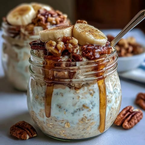 Hearty oats infused with cinnamon and ripe banana, chilled overnight and garnished with toasted walnuts and maple drizzle.  