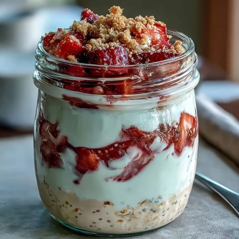 Strawberry cheesecake overnight oats in mason jars with fresh strawberries and creamy cheesecake layer.
