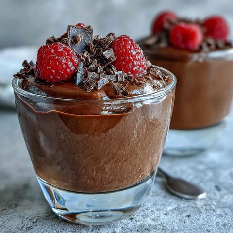 Velvety chocolate cottage cheese mousse cups topped with fresh berries and dark chocolate shavings for a protein-rich dessert.