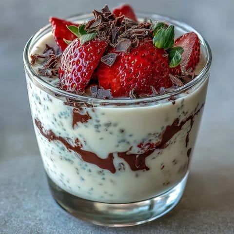 Creamy strawberry yogurt chia pudding topped with fresh berries and dark chocolate shavings for a healthy breakfast or dessert.