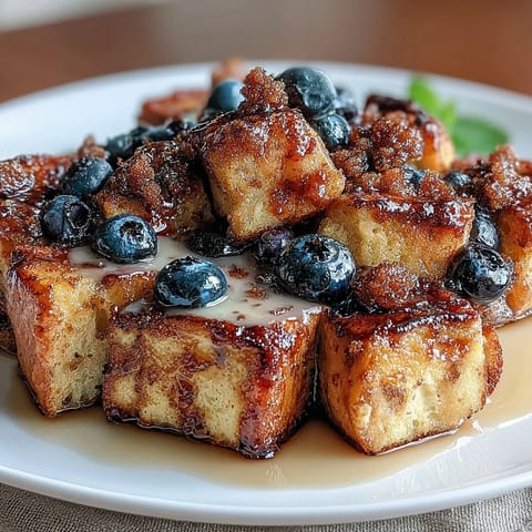 Baked casserole of sourdough cubes soaked in cinnamon custard, topped with plump blueberries and a buttery brown sugar glaze.