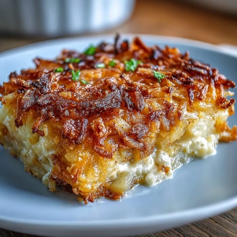 A golden, bubbling casserole with creamy potatoes and a crispy hashbrown topping, perfect for family gatherings and potlucks.